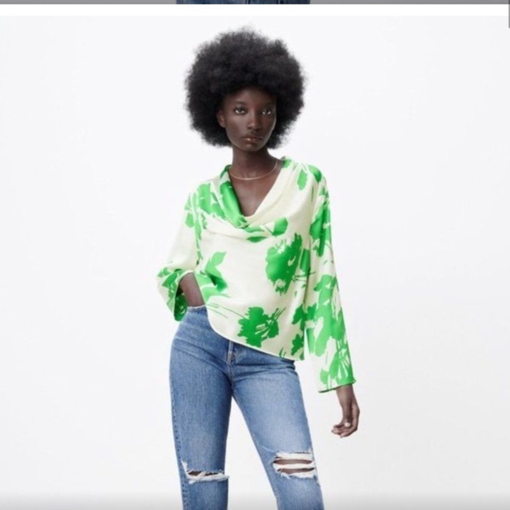 ZARA WOMEN'S FLOWY NECKLINE PRINTED TOP GREEN ECRU